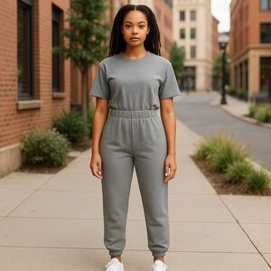Nichole Lynel Short Sleeve Peephole Back Grey Sweatshirt Jumpsuit‎